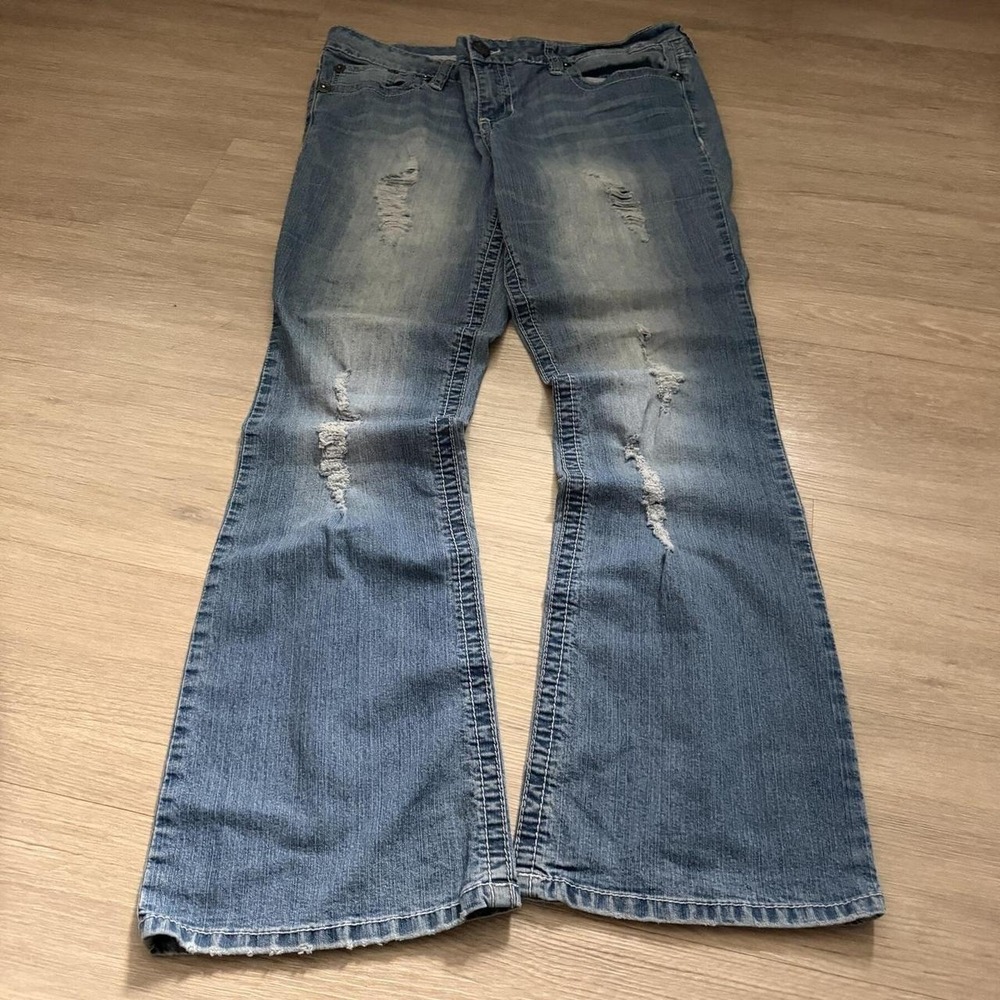 34x30 Distressed Faded Blue Bootcut Flared Jeans Y2K
